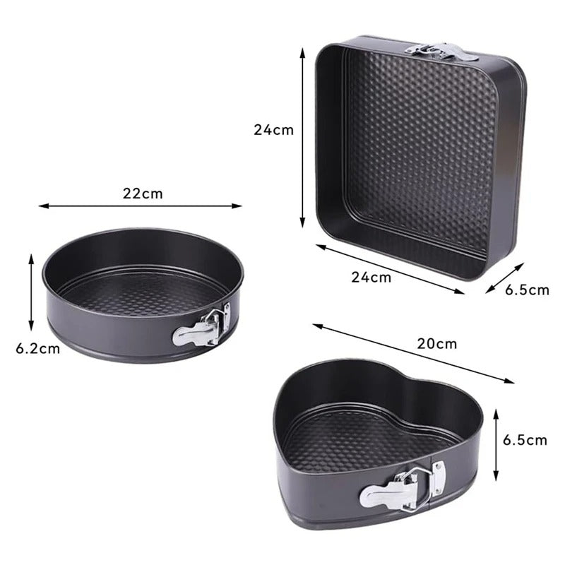 3-Piece Cake Pan Set – Square, Heart & Round Non-Stick Baking Pans