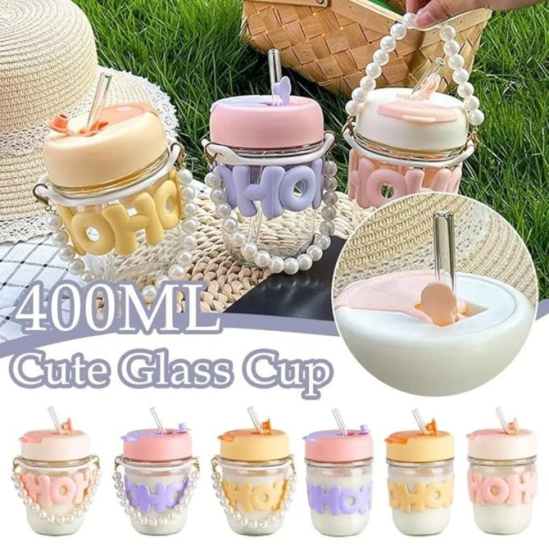 350ml Cute Glass Sipper with Lid, Straw & Pearl Chain | Transparent Glass Heat Resistant Water Bottle With Pearl Bracelet | Kids & Girls Water/Juice Cup