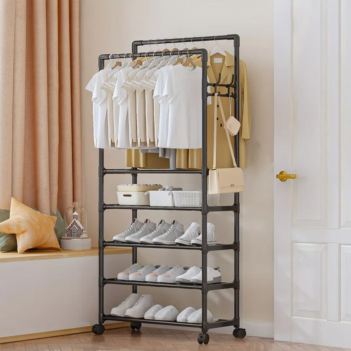 Simple Indoor Double Pole Coat Rack (4l4-Layer Double Pole Coat Rack – Freestanding Clothes Organizerayer)