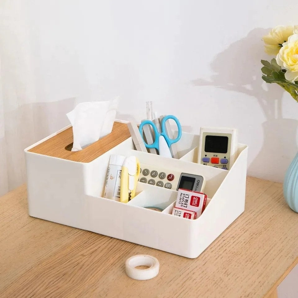 Wood‑Top Multi‑Sectional Tissue Holder | Desktop Storage Organizer