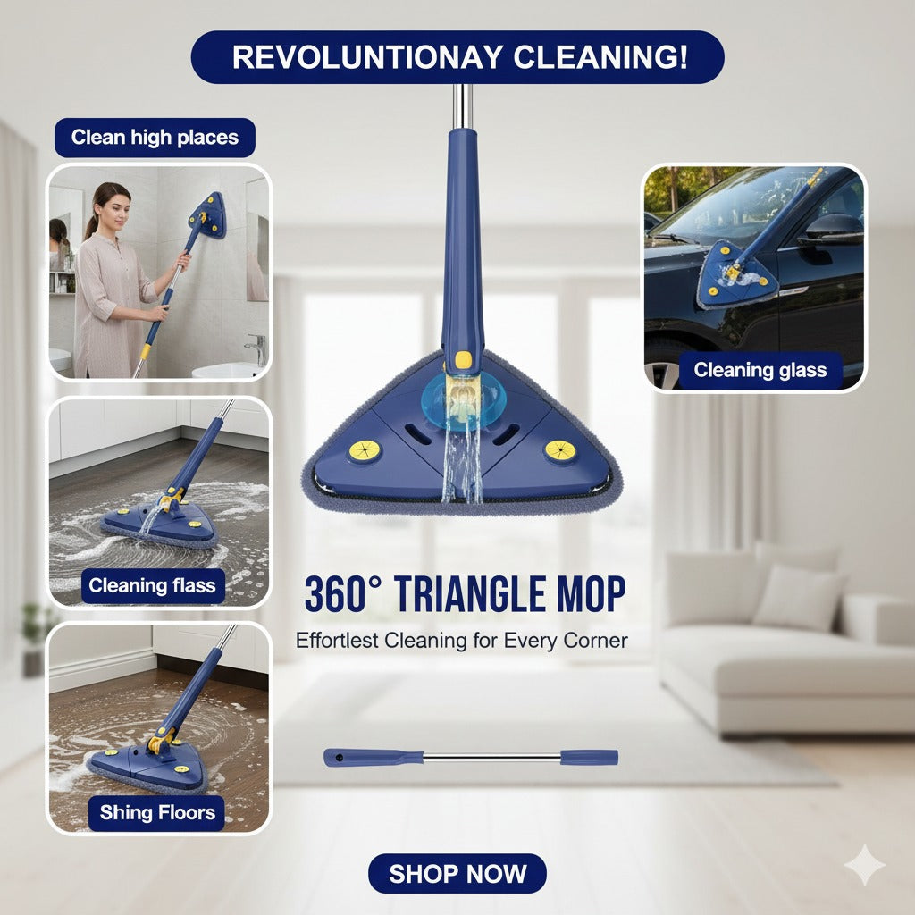 360° Rotating Triangular Mop | Corner Cleaning Flat Mop with Long Handle
