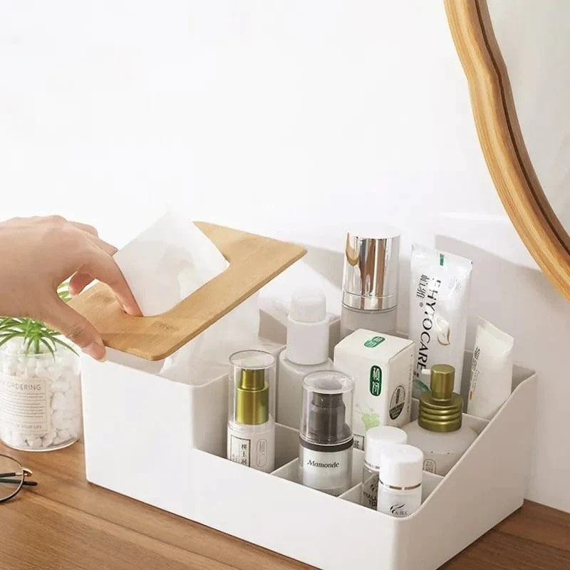 Wood‑Top Multi‑Sectional Tissue Holder | Desktop Storage Organizer