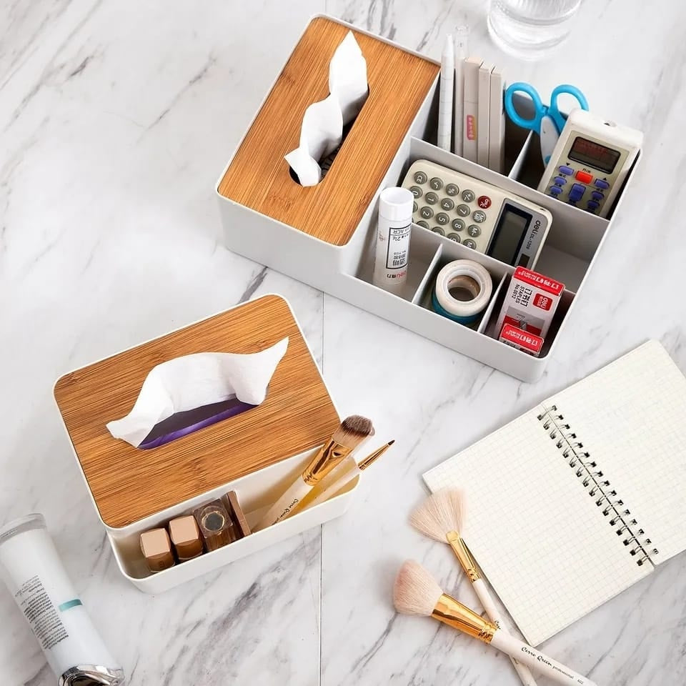 Wood‑Top Multi‑Sectional Tissue Holder | Desktop Storage Organizer