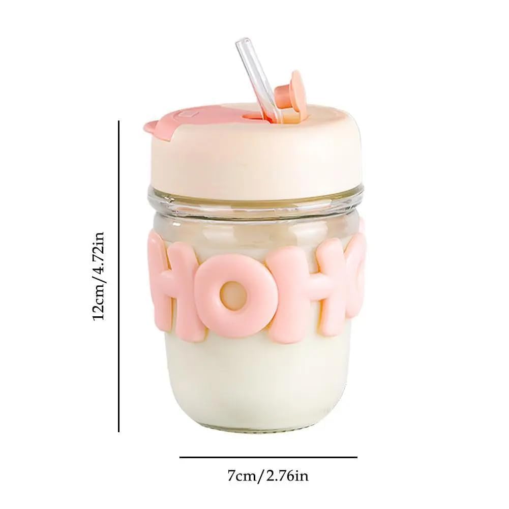 350ml Cute Glass Sipper with Lid, Straw & Pearl Chain | Transparent Glass Heat Resistant Water Bottle With Pearl Bracelet | Kids & Girls Water/Juice Cup