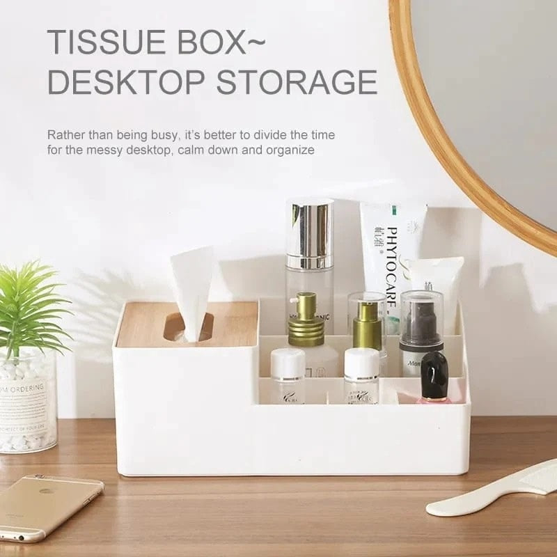 Wood‑Top Multi‑Sectional Tissue Holder | Desktop Storage Organizer