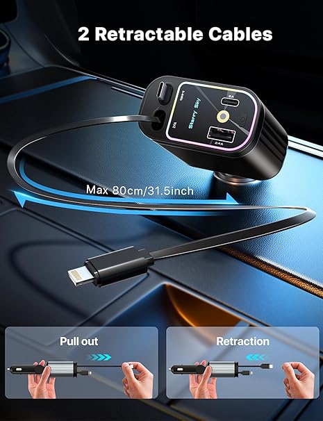 4-in-1 Retractable Car Charger with LED Star Light | Fast Charging Car Adapter with Dual Retractable Cables & USB Ports