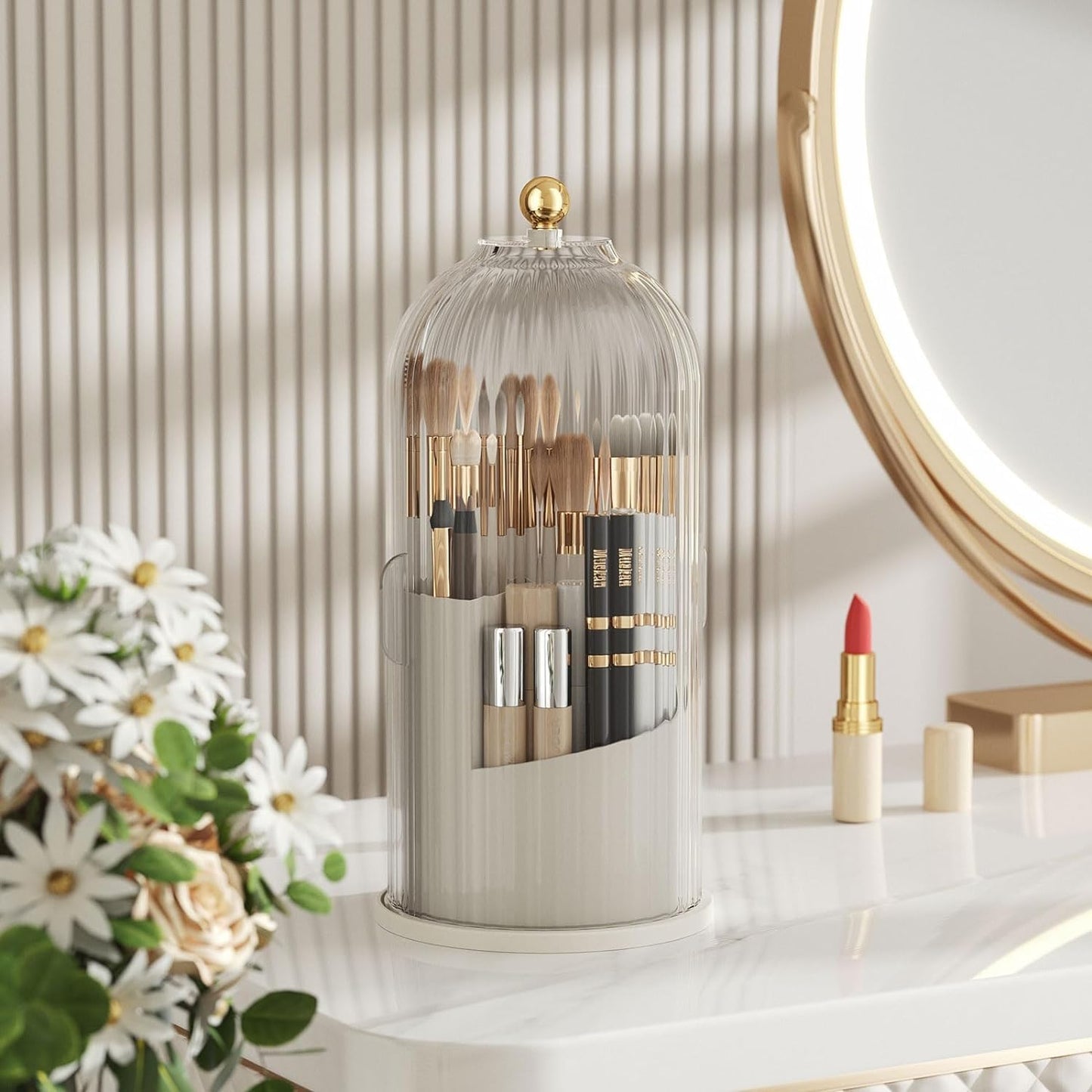 360° Rotating Dustproof Makeup Brush Organizer | Luxury Crystal Spinning Brush Holder