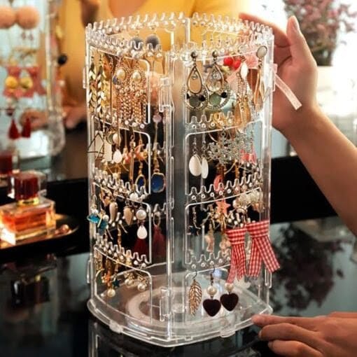 Transparent Acrylic 360‑Degree Rotating Jewelry Organizer | Earring, Necklace & Ring Display Stand