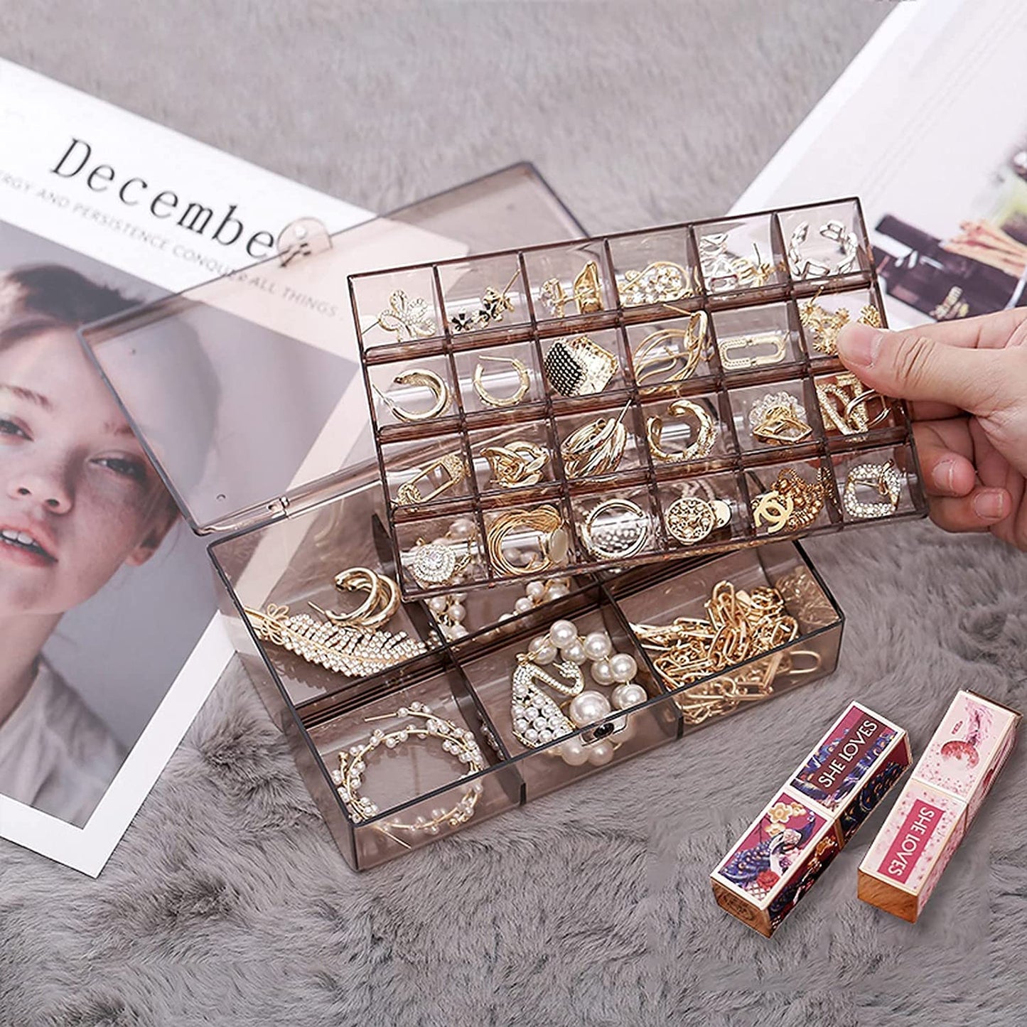 24-Grid Transparent Acrylic Jewelry Box Organizer – Storage