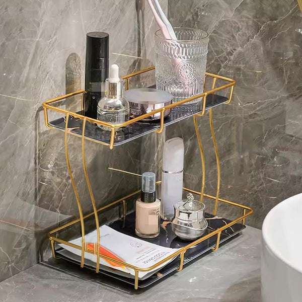 2-Tier Rectangular Golden Vanity Stand – Makeup & Jewelry Organizer