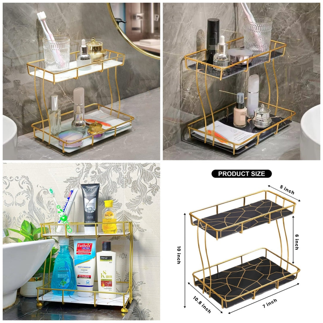 2-Tier Rectangular Golden Vanity Stand – Makeup & Jewelry Organizer