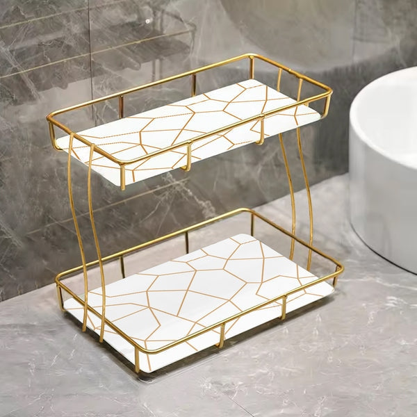 2-Tier Rectangular Golden Vanity Stand – Makeup & Jewelry Organizer