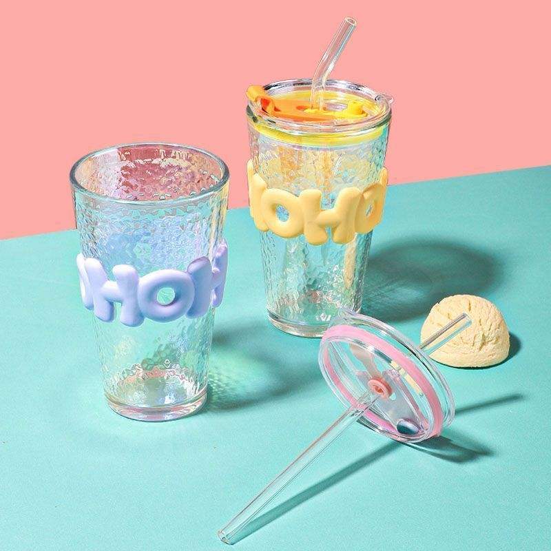 450ml Glass With Straw Coffee Cup Anti-scald Letter Sleeve Double Wall Glass Water Milk Juice Tea Coffee Cups