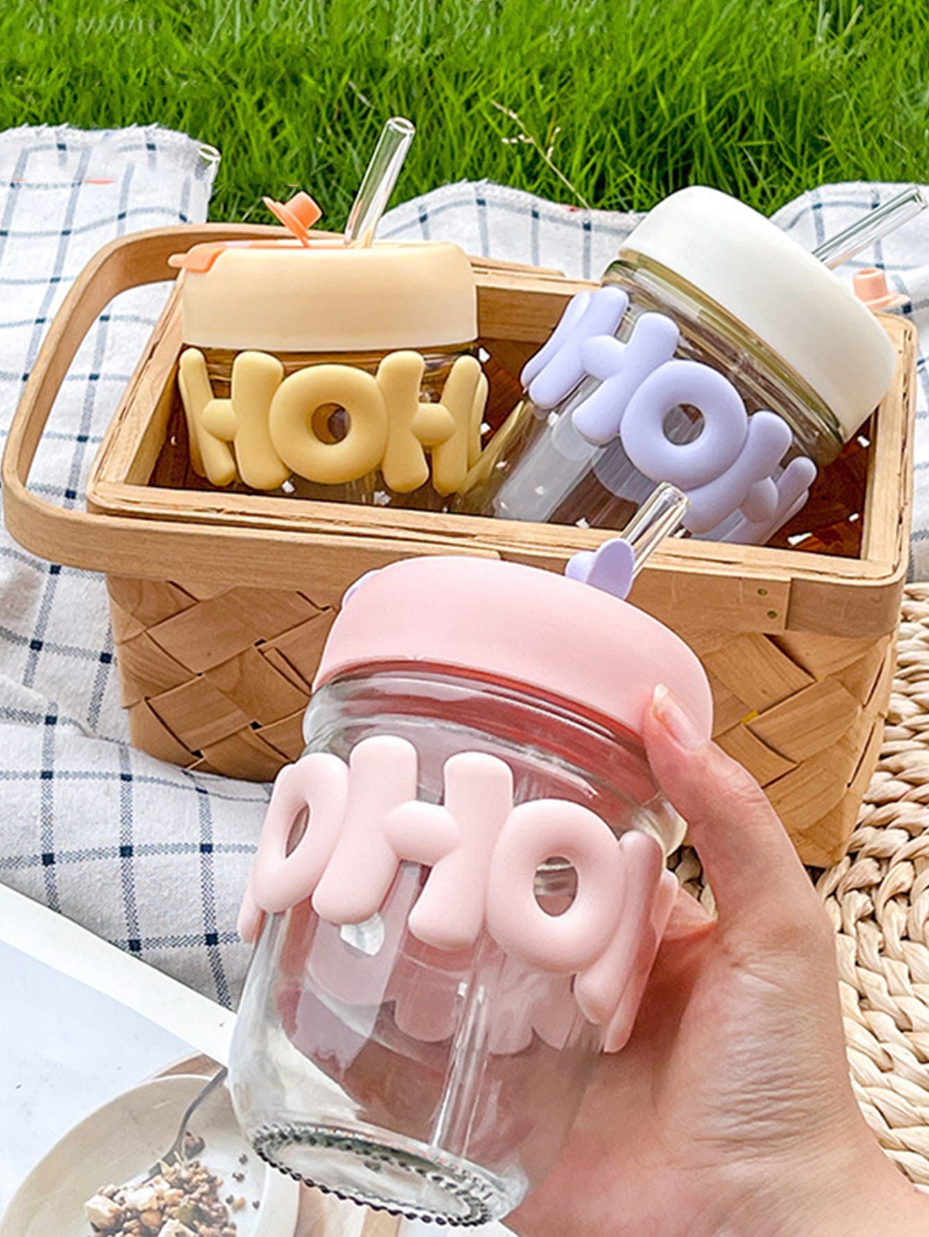 350ml Cute Glass Sipper with Lid, Straw & Pearl Chain | Transparent Glass Heat Resistant Water Bottle With Pearl Bracelet | Kids & Girls Water/Juice Cup