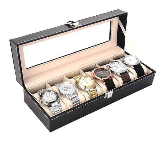 6-Slot PU Leather Wrist Watch Storage Box – Elegant Watch Holder & Display Case Organizer