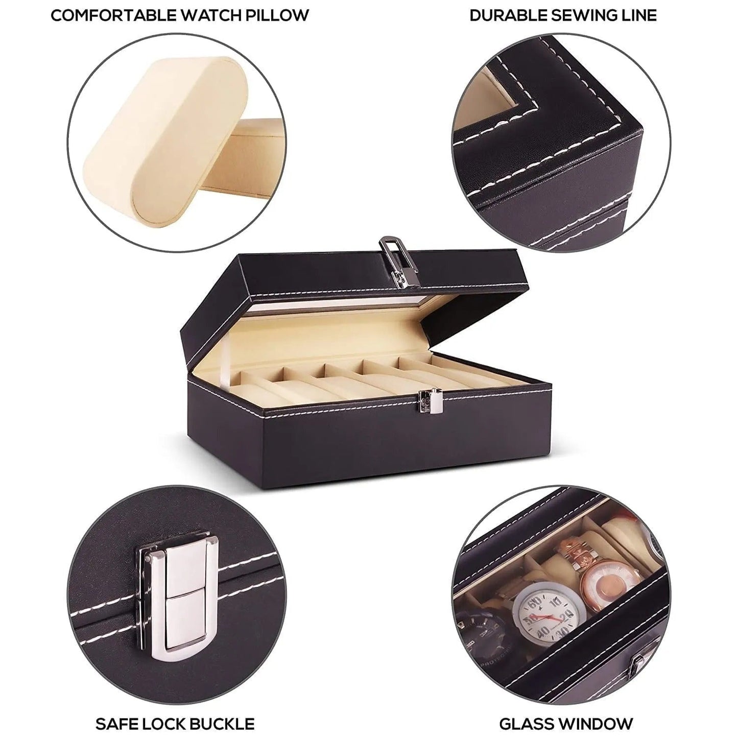 6-Slot PU Leather Wrist Watch Storage Box – Elegant Watch Holder & Display Case Organizer
