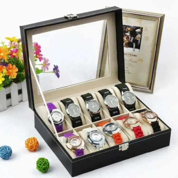10 Grids PU Leather Watch Box – Quartz Watch Case & Organizer with Glass Display