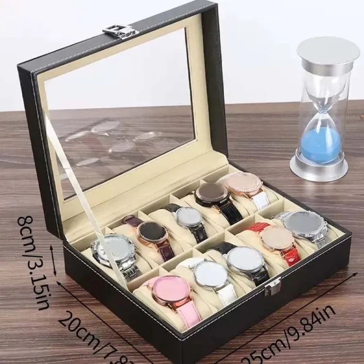 10 Grids PU Leather Watch Box – Quartz Watch Case & Organizer with Glass Display