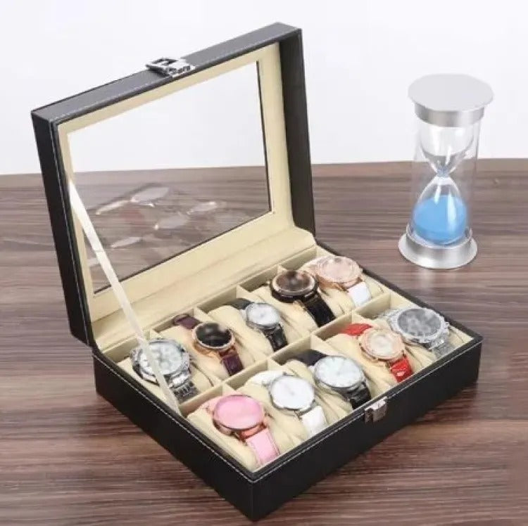 10 Grids PU Leather Watch Box – Quartz Watch Case & Organizer with Glass Display