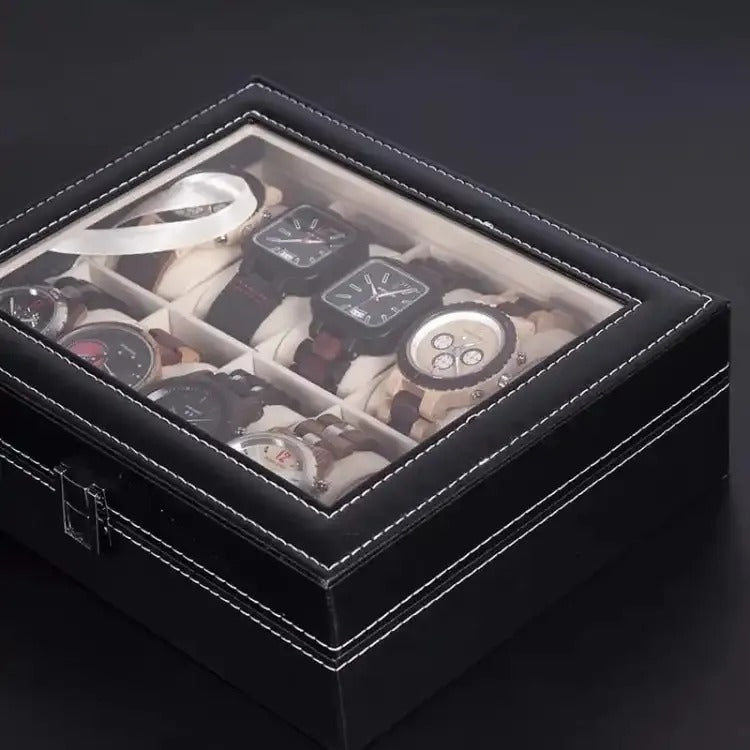 10 Grids PU Leather Watch Box – Quartz Watch Case & Organizer with Glass Display