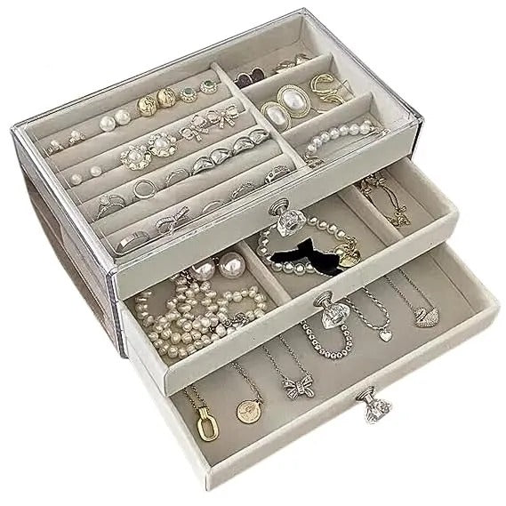 Soft Velvet Jewelry Box – 3-Drawer Jewelry Storage Organizer for Rings, Earrings & Bracelets