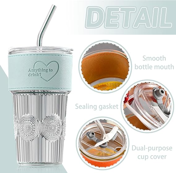 600ml Embossed Glass Cup with Lid & Straw | Insulated Holder | Perfect for Juice, Iced Coffee & Smoothies