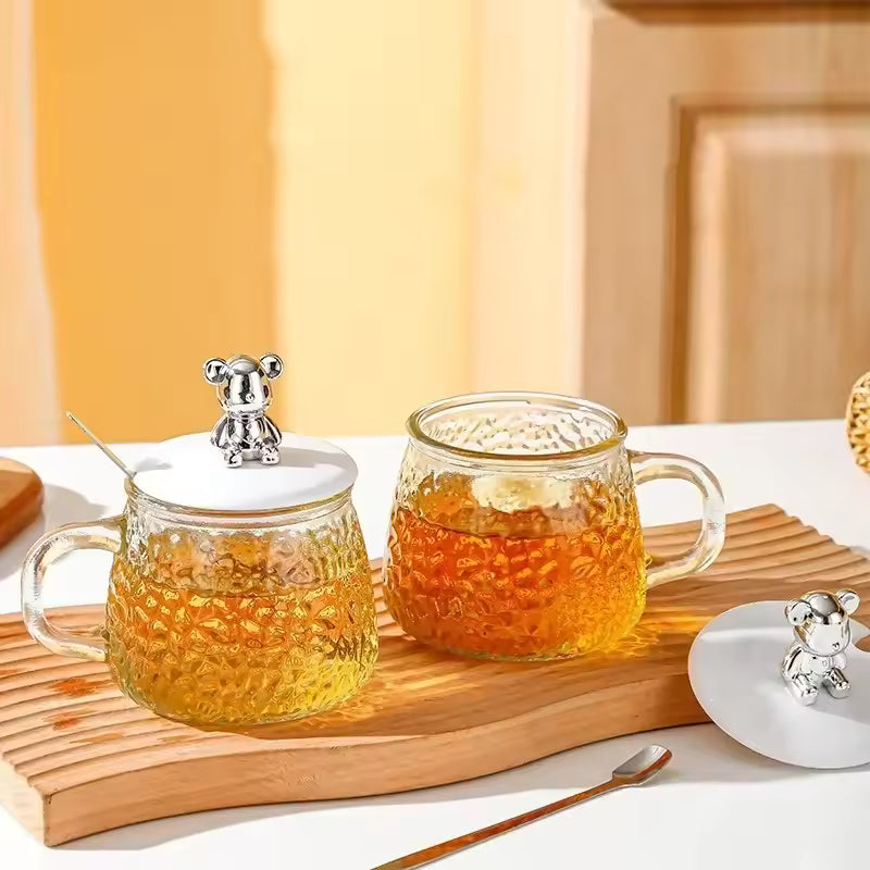 400ml Bear Glass Mug with Lid & Spoon | Cute Textured Crystal Tea & Coffee Cup