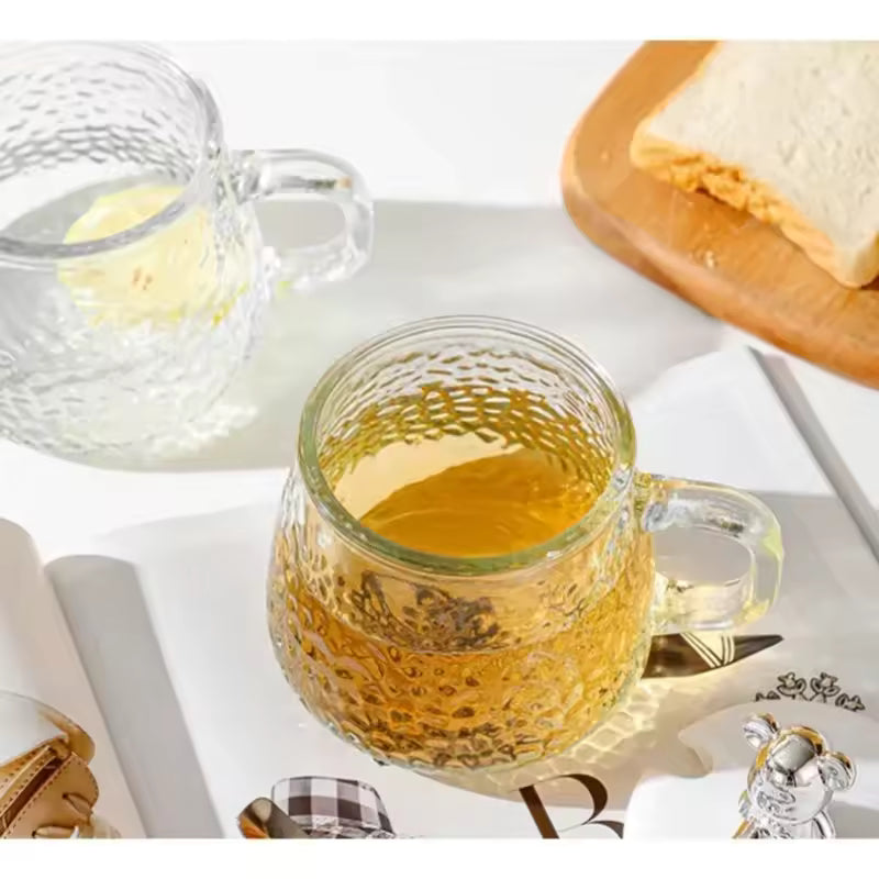 400ml Bear Glass Mug with Lid & Spoon | Cute Textured Crystal Tea & Coffee Cup
