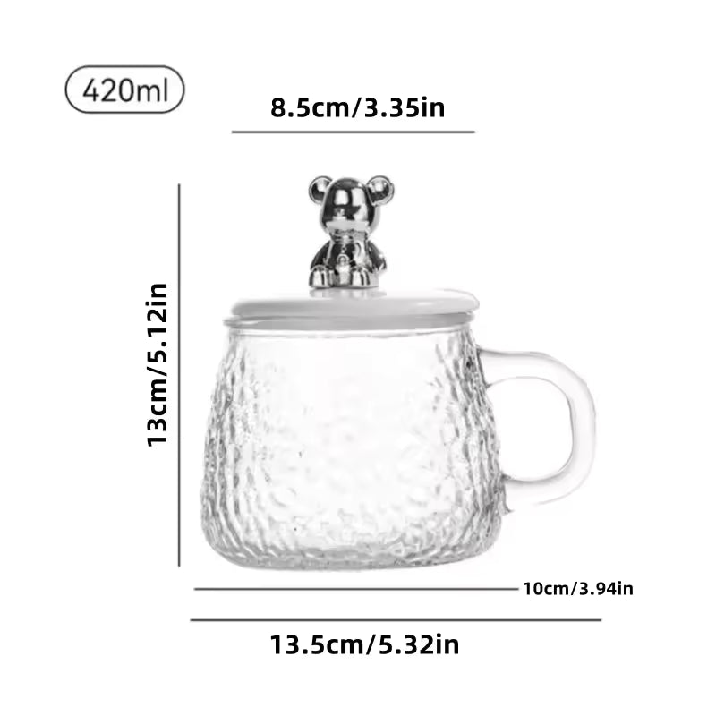 400ml Bear Glass Mug with Lid & Spoon | Cute Textured Crystal Tea & Coffee Cup