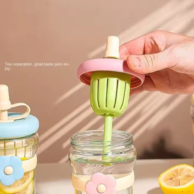 500ml Flower Design Glass Tumbler – Water & Tea Cup with Straw | Cute Office Drinking Bottle