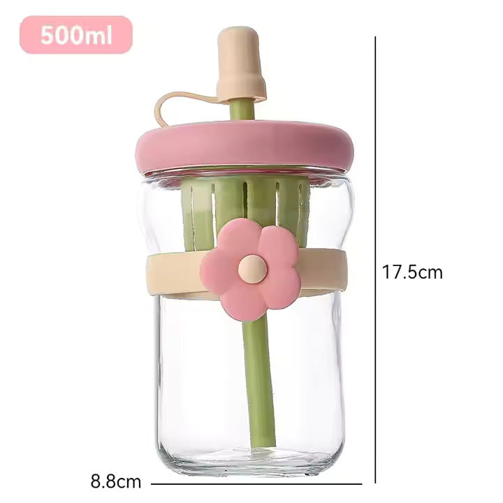 500ml Flower Design Glass Tumbler – Water & Tea Cup with Straw | Cute Office Drinking Bottle