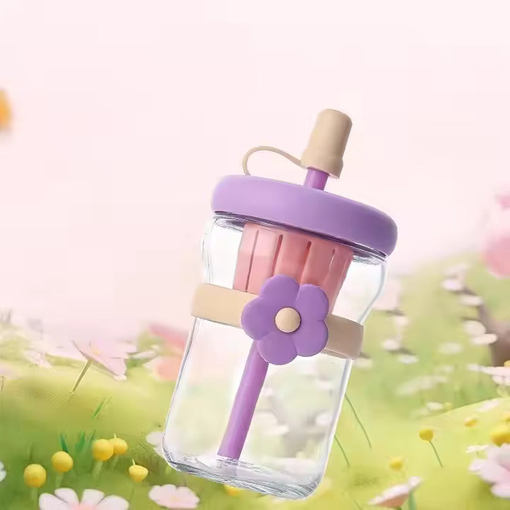 500ml Flower Design Glass Tumbler – Water & Tea Cup with Straw | Cute Office Drinking Bottle